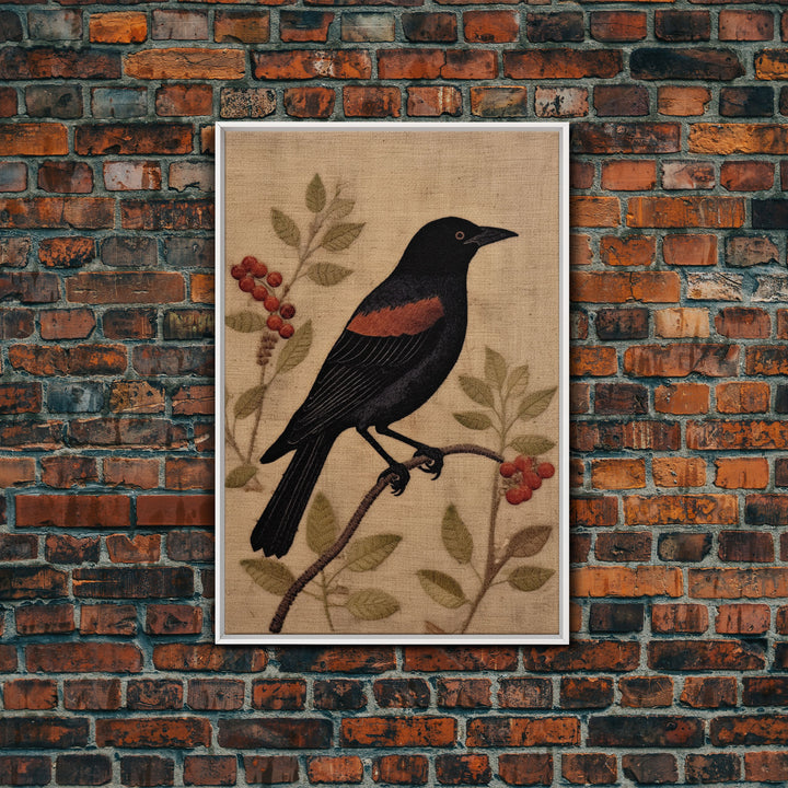 Raven Print, Antique Bird Painting Print, Vintage Drawing Framed Canvas Print Wall Art, Black Raven, bird nature print, bird lovers gift