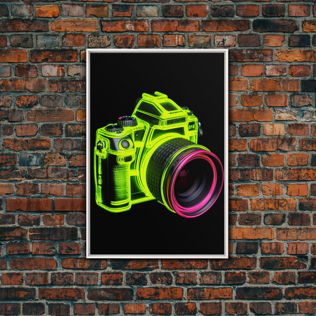 Neon Green Camera Wall Art, Neon Wall Decor, Photography Art,  Minimalist Print, Wall Decor, Canvas Print, Wall Art, Framed Canvas