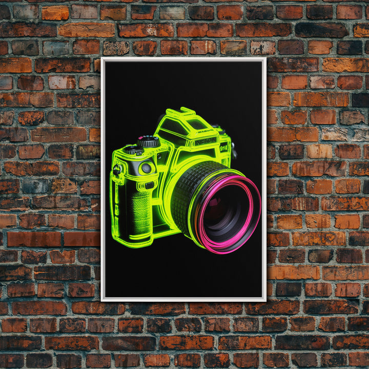 Neon Green Camera Wall Art, Neon Wall Decor, Photography Art,  Minimalist Print, Wall Decor, Canvas Print, Wall Art, Framed Canvas