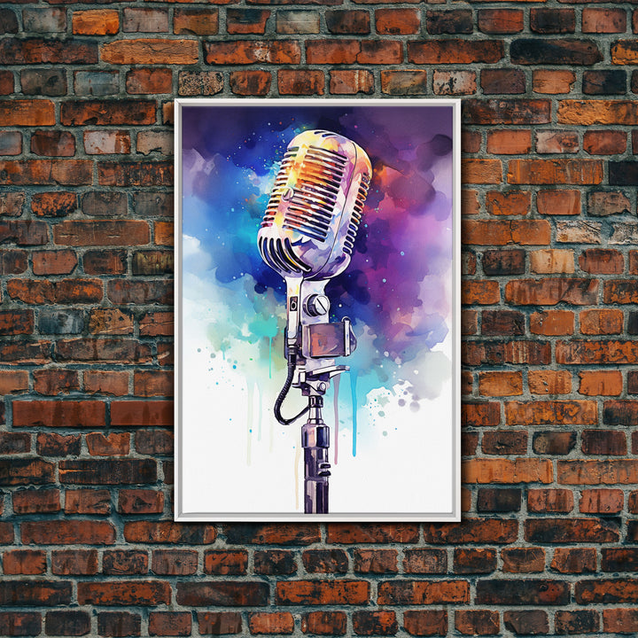 Neon Graffiti Splatter Paint Microphone Art, Vintage Microphone Painting Framed Canvas Print, Studio Wall Art, Music Studio Decor