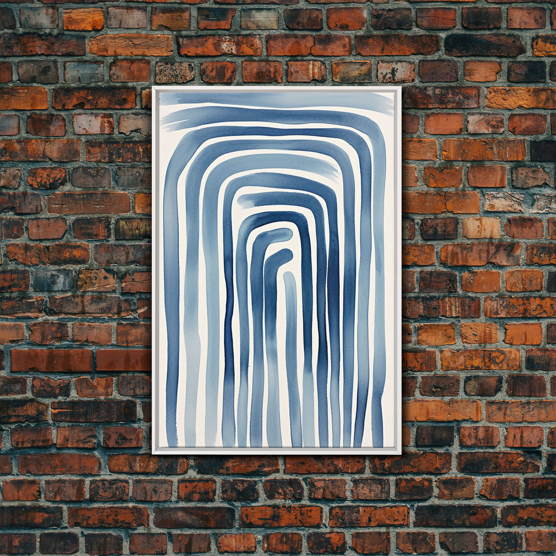 Framed Canvas Print Watercolor Blue Geometric Pastel Lines, Minimalist Abstract Room Decor, Mid-Century Modern Art Print, Retro Art