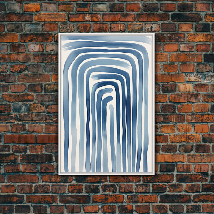 Framed Canvas Print Watercolor Blue Geometric Pastel Lines, Minimalist Abstract Room Decor, Mid-Century Modern Art Print, Retro Art