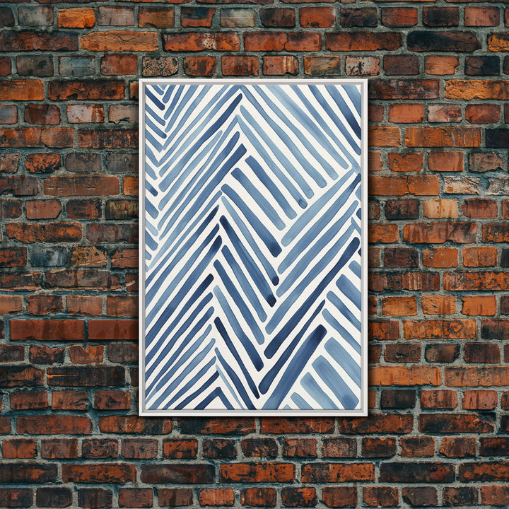 Framed Canvas Print Watercolor Blue Geometric Pastel Lines, Minimalist Abstract Room Decor, Mid-Century Modern Art Print, Retro Art