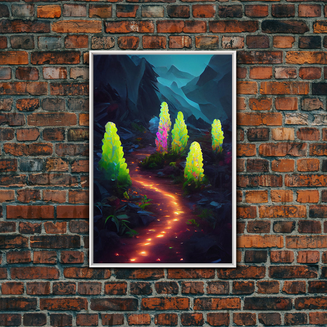 Magical forest canvas print, glowing mushroom art, fantasy forest wall art, gloomy dark home decor, luminescent forest trail wall art