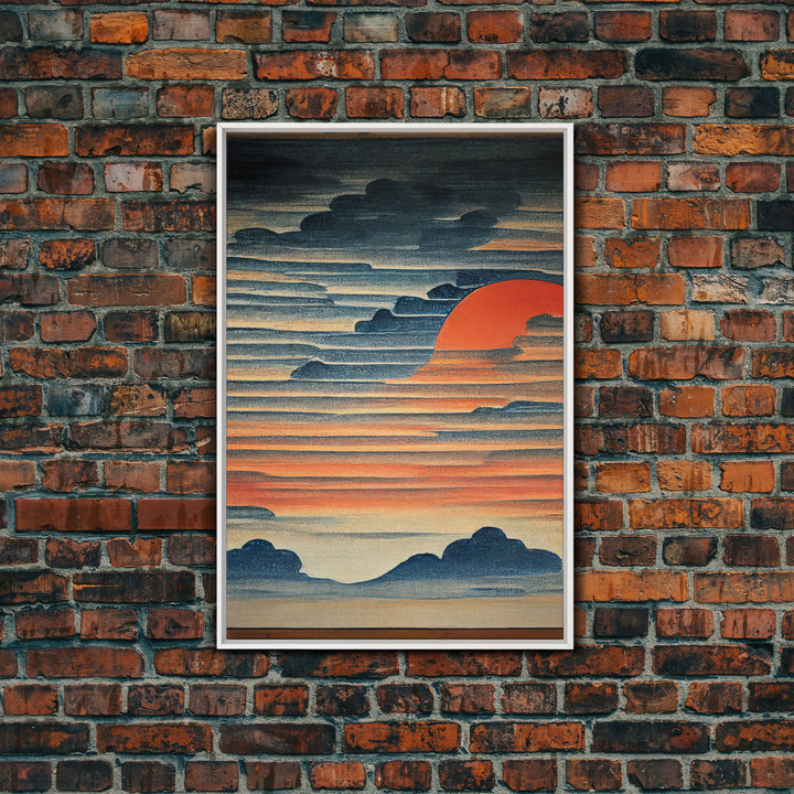 Japanese style wall art, sunrise over the mountains, canvas print, woodblock print style art, Hokusai style wall art