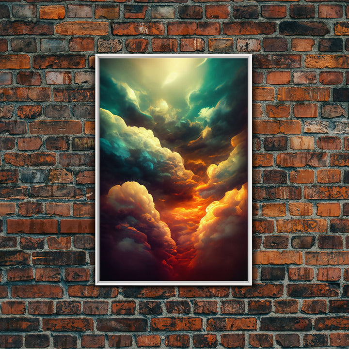 Watercolor painting canvas print of a thunder storm, gloomy wall art, golden hour, cool rain storm wall art, stormy skies