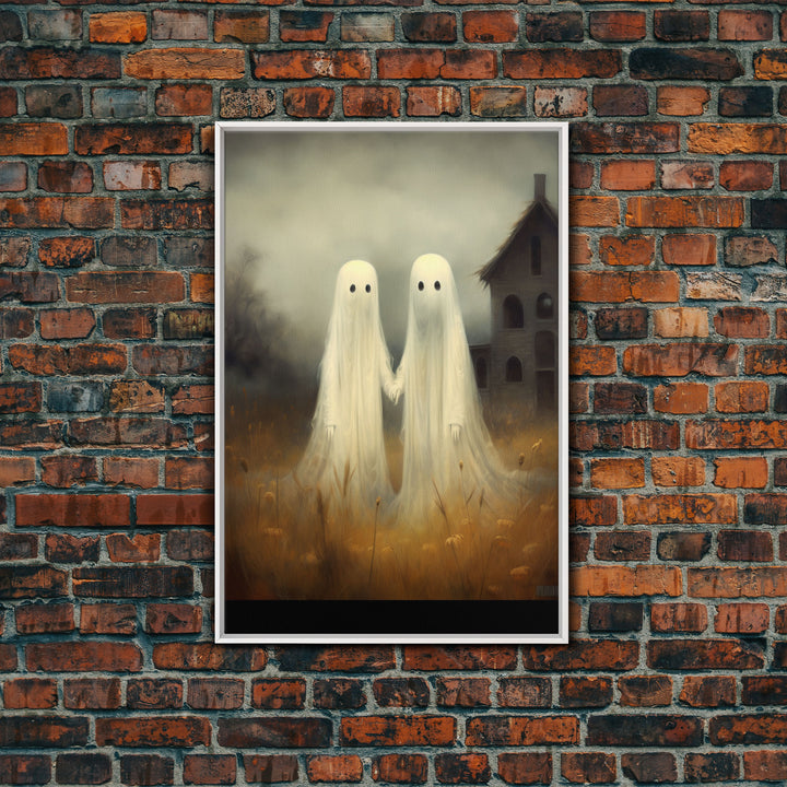 Country Ghosts Art Print, Halloween Art Print, Halloween Decor, Cute Ghosts in Field, Spooky Vintage Halloween, Wall Art, Framed Canvas