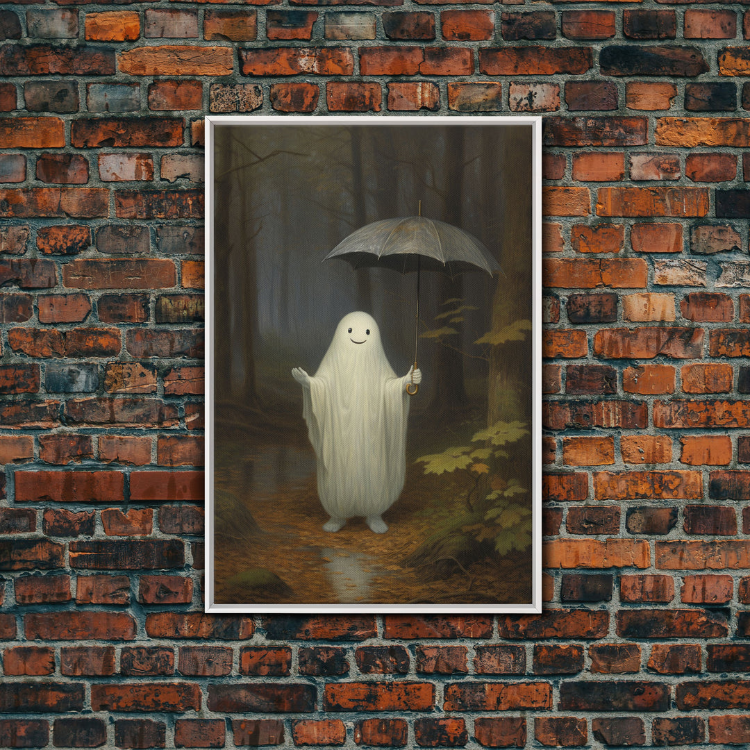 Goofy Ghost In The Rain,  Vintage Halloween Canvas, Framed Canvas Print, Cute Wall Art, Who's Haunting Who?