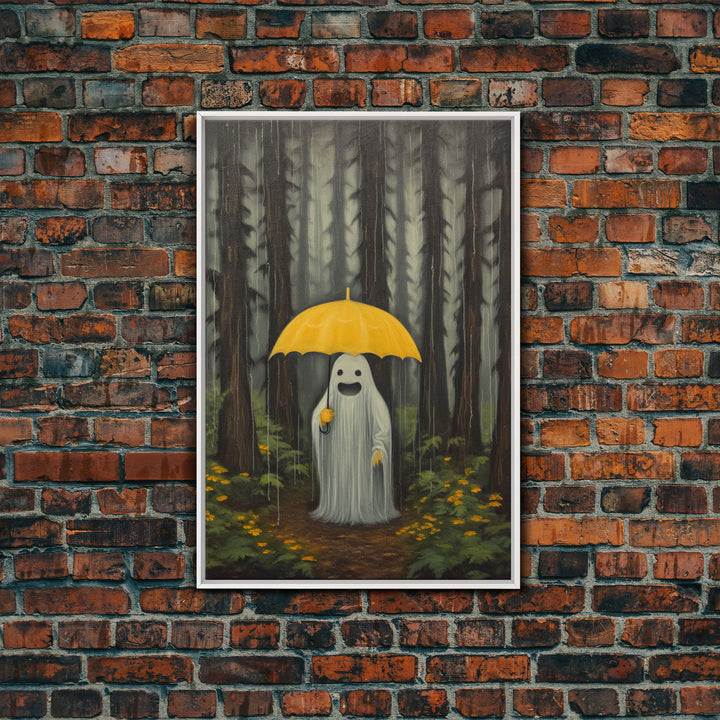Happy Ghost In The Rain,  Vintage Halloween Canvas, Framed Canvas Print, Cute Wall Art, Who's Haunting Who?