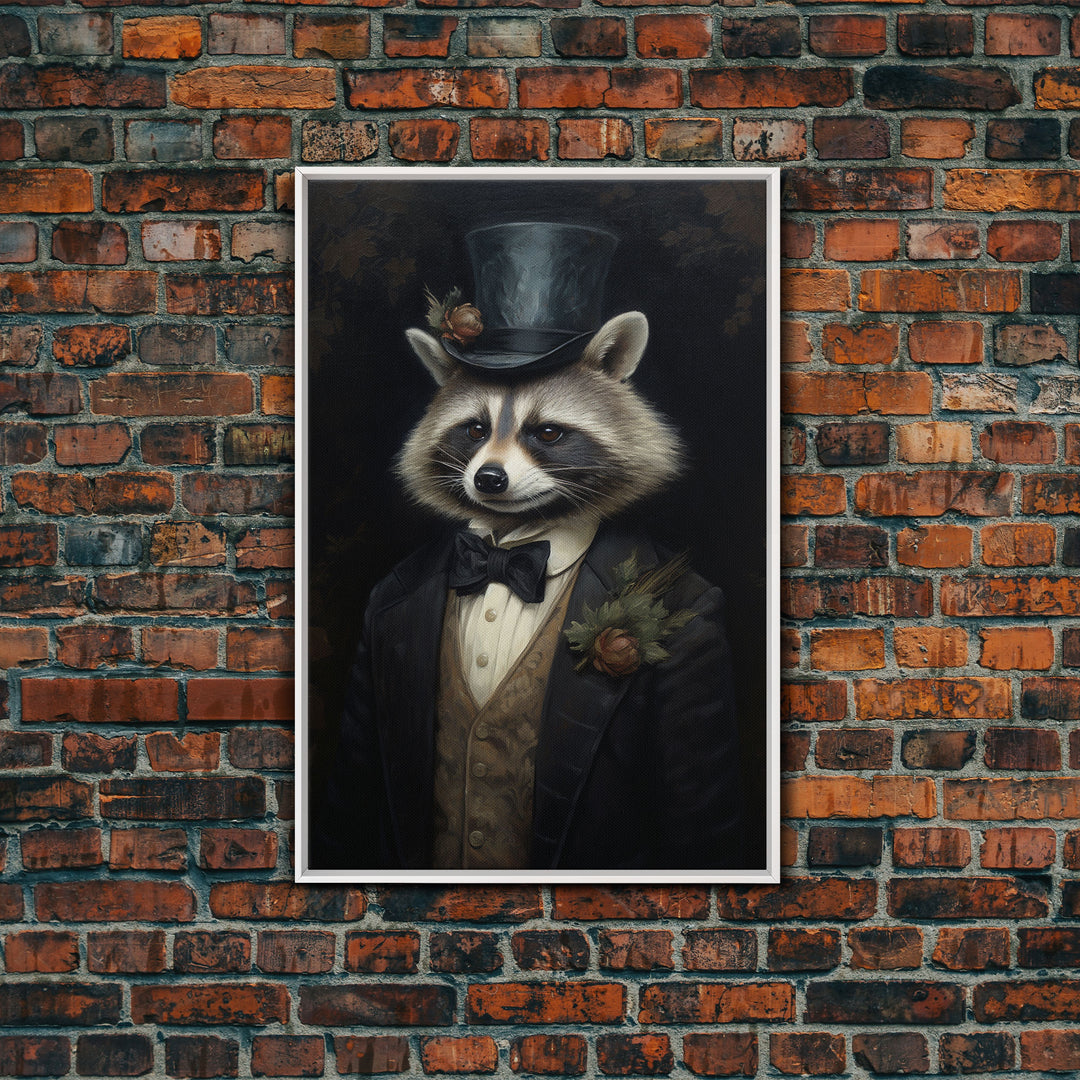 Distinguished Dapper Gentleman Raccoon, Funny Animal Prints, Humorous Art, Framed Canvas, Wall Art, Canvas Print, Funny Halloween Decor