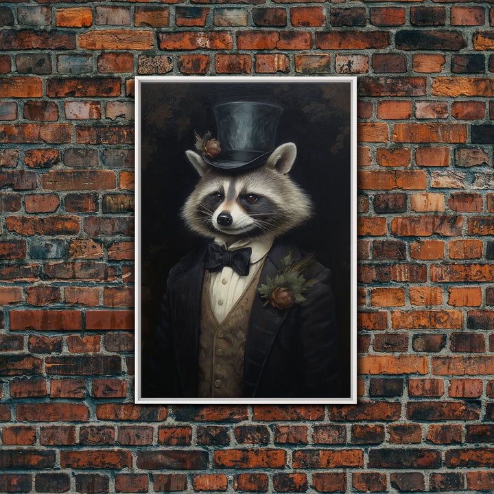 Distinguished Dapper Gentleman Raccoon, Funny Animal Prints, Humorous Art, Framed Canvas, Wall Art, Canvas Print, Funny Halloween Decor