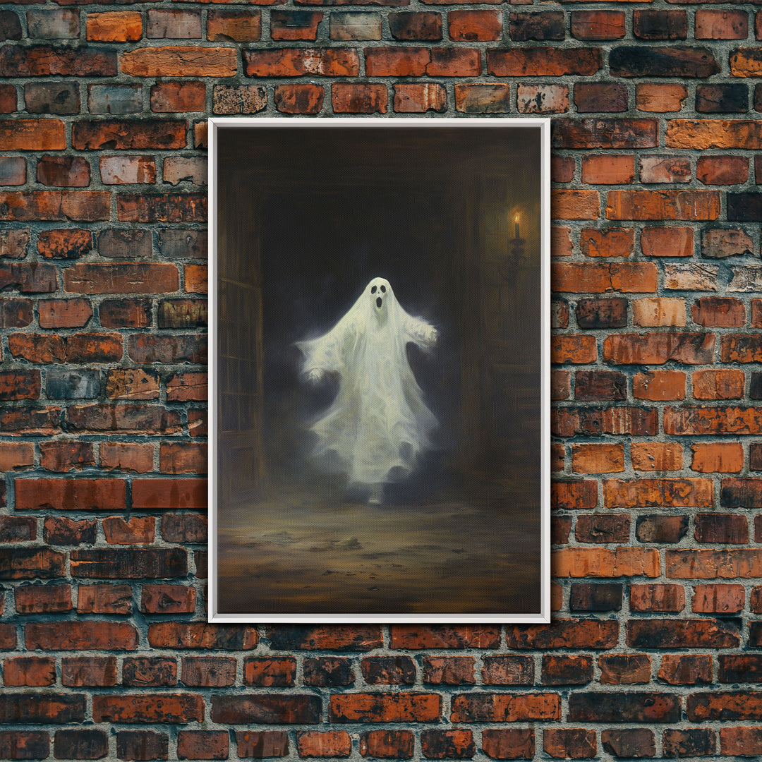 The Haunted Library, Spooky Gothic Victorian Ghost, Halloween Decor, Framed Canvas Print, Halloween Canvas Art
