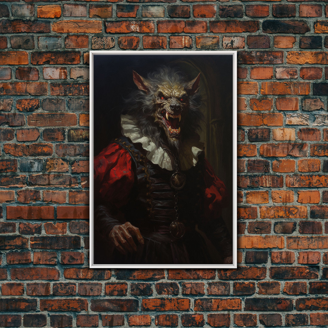 Victorian Business Werewolf Workin' 9 to 5, Framed Canvas, Halloween Canvas Print, Vintage Halloween Funny Gothic Decor
