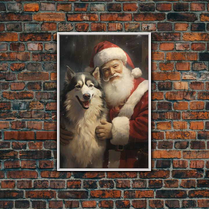 Santa Claus Holding An Alaskan Malamute,  Christmas Wall Art, Dog Gift, Christmas Dog, Winter Wall Art, Santa Decor, Santa Art Print