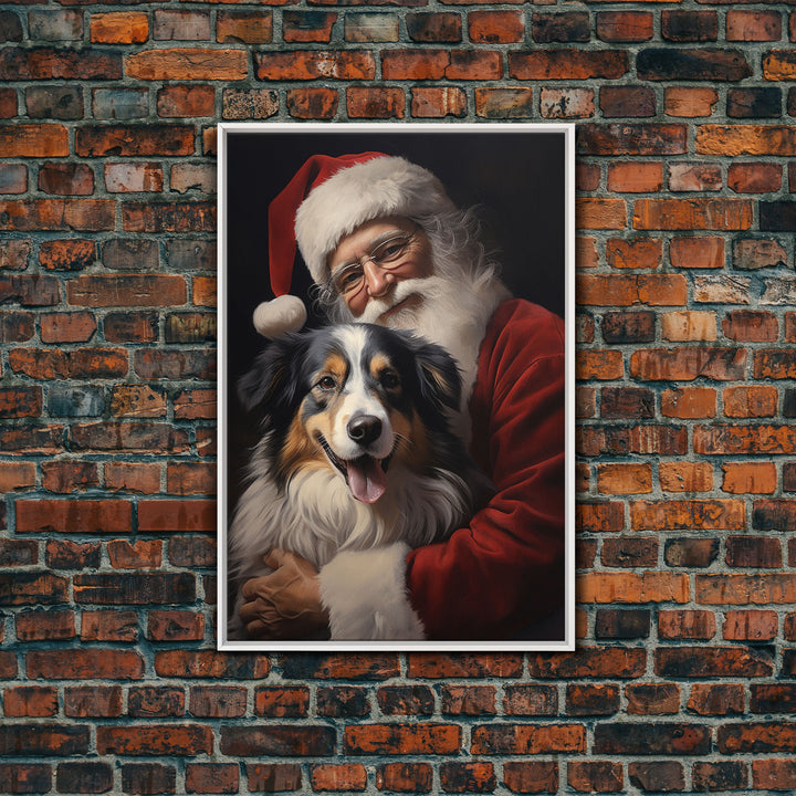 Santa Claus And His Australian Shepherd, Christmas Wall Art, Dog Gift, Christmas Dog, Winter Wall Art, Santa Decor, Santa Art Print