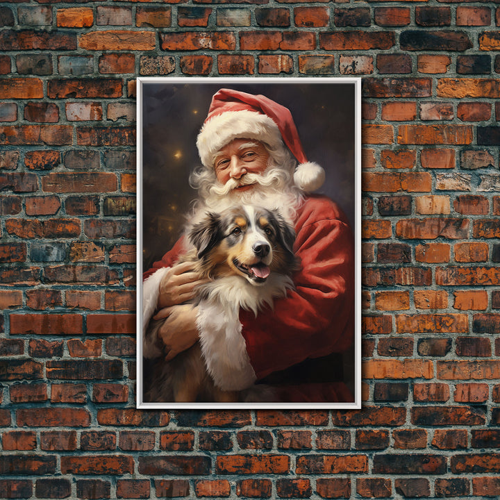 Santa Claus And His Australian Shepherd, Christmas Wall Art, Dog Gift, Christmas Dog, Winter Wall Art, Santa Decor, Santa Art Print