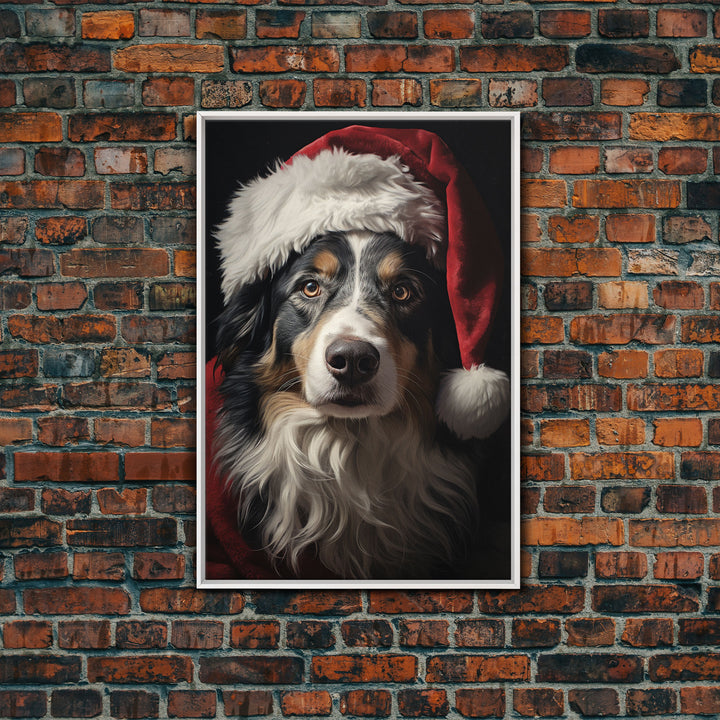 Portrait Of An Australian Shepherd In A Santa Hat, Christmas Art, Christmas Decor, Christmas Wall Art, Christmas Painting, Vintage Christmas