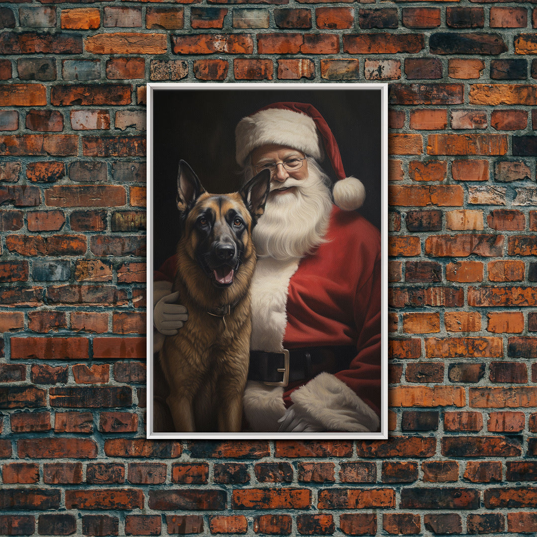 Santa Claus and his Belgian Malinois, Cute Dog Art, Framed Canvas Print, Christmas Art, Christmas Decor, Christmas Art Print, Cute Dog Print