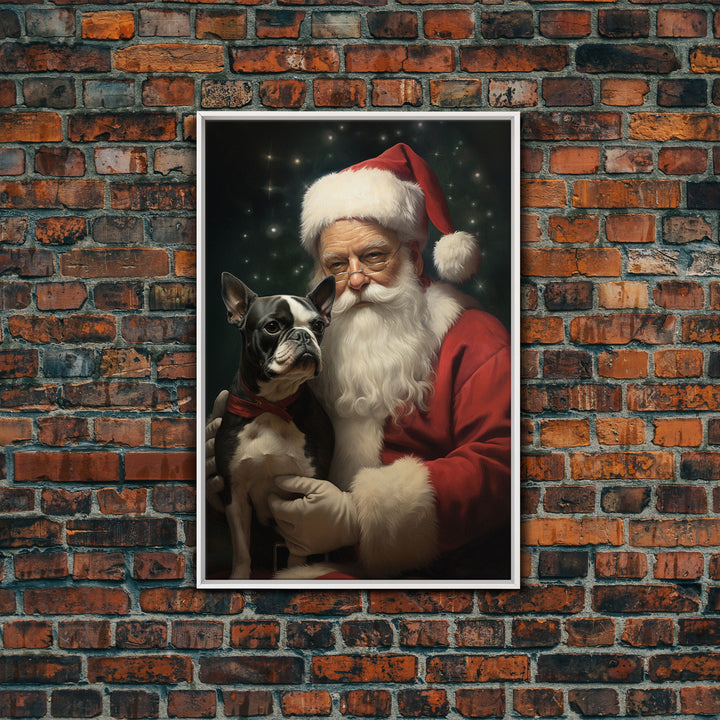Santa Claus And His Boston Terrier, Christmas Wall Art, Dog Gift, Christmas Dog, Winter Wall Art, Santa Decor, Santa Art Print, Cute Dog