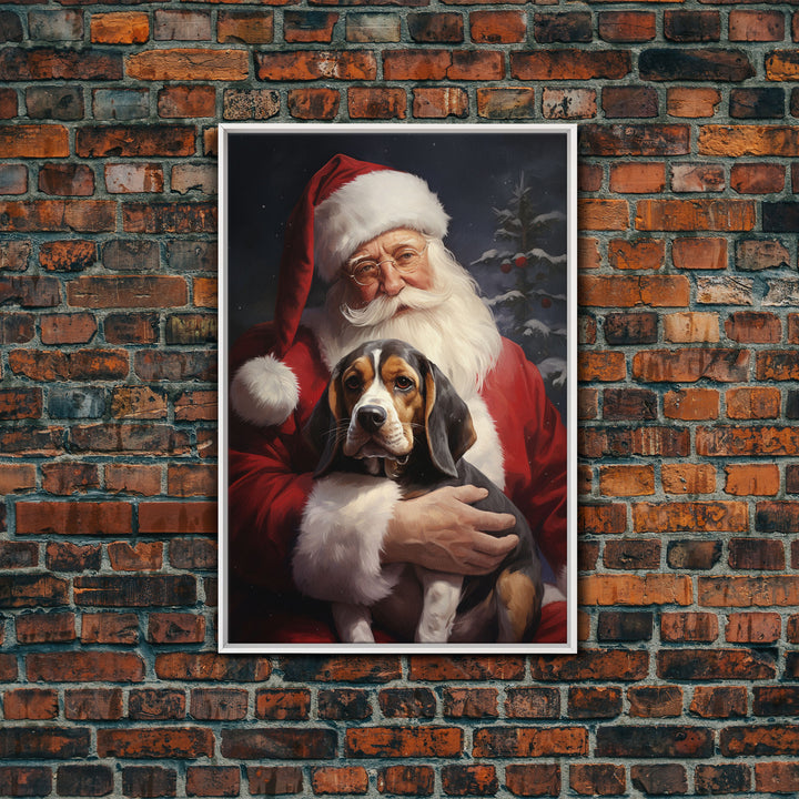 Santa Claus and his Beagle, Cute Dog Art, Framed Canvas Print, Christmas Art, Christmas Decor, Christmas Art Print, Christmas Wall Art