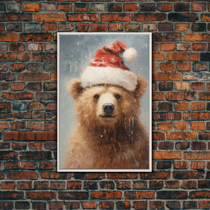 Cute Christmas Bear In A Santa Hat, Framed Canvas Print, Christmas Art, Christmas Decor, Christmas Art Print, Christmas Wall Art
