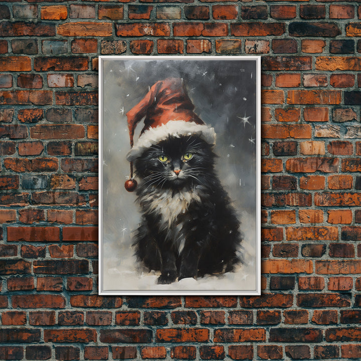 Black Christmas Cat Wearing A Santa Hat, Framed Canvas Print, Christmas Decor, Xmas Wall Art, Holiday Decor, Seasonal Wall Decor