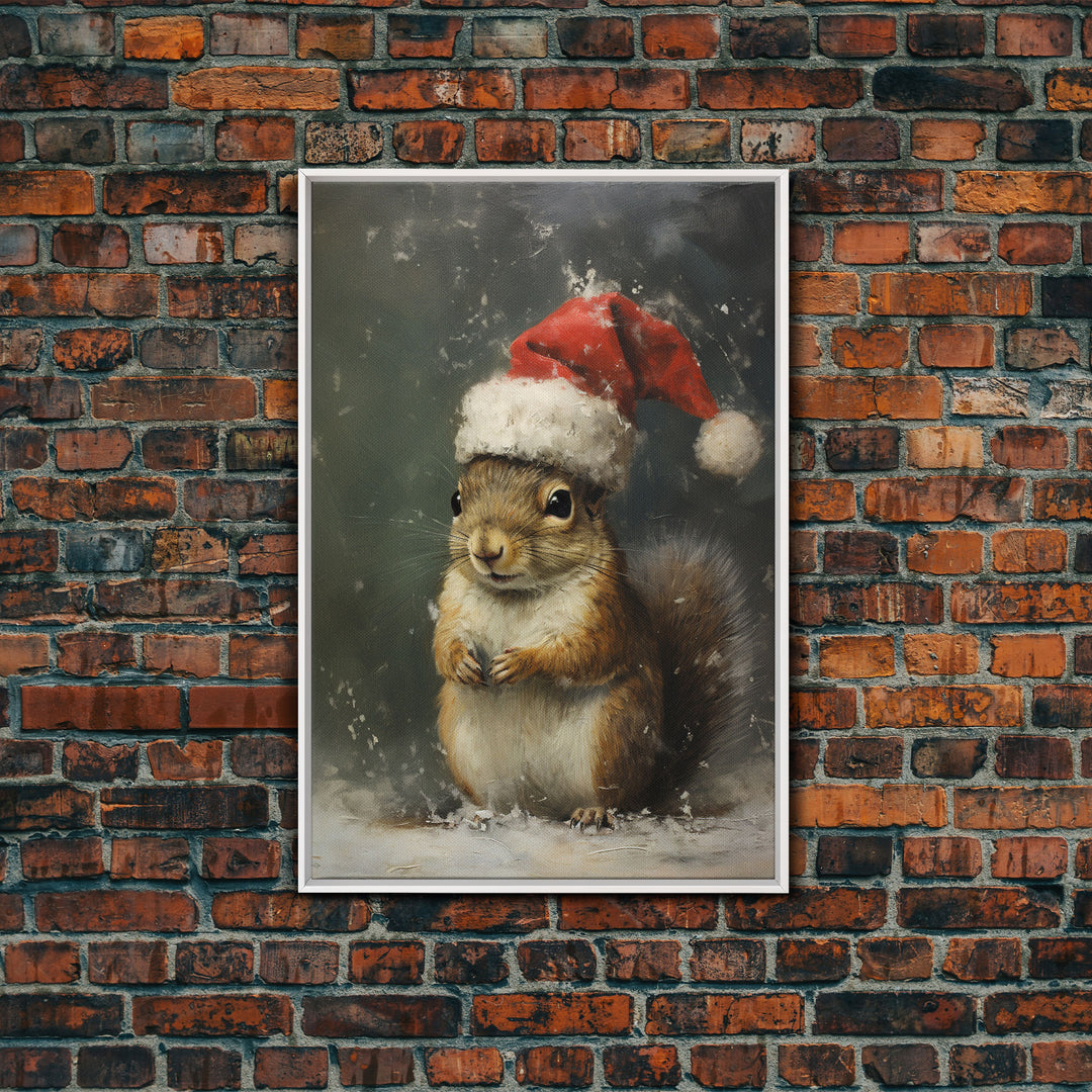 Cute Christmas Squirrel In A Santa Hat, Christmas Art, Christmas Decor, Christmas Wall Art, Farmhouse Christmas, Vintage Christmas Woodland