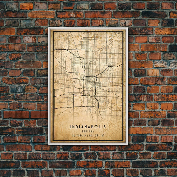 Old Indianapolis City Map Wall Art Canvas Print, Vintage Style Indianapolis Map, Framed Wall Art, Cool Indiana  Wall Art, Office Decor