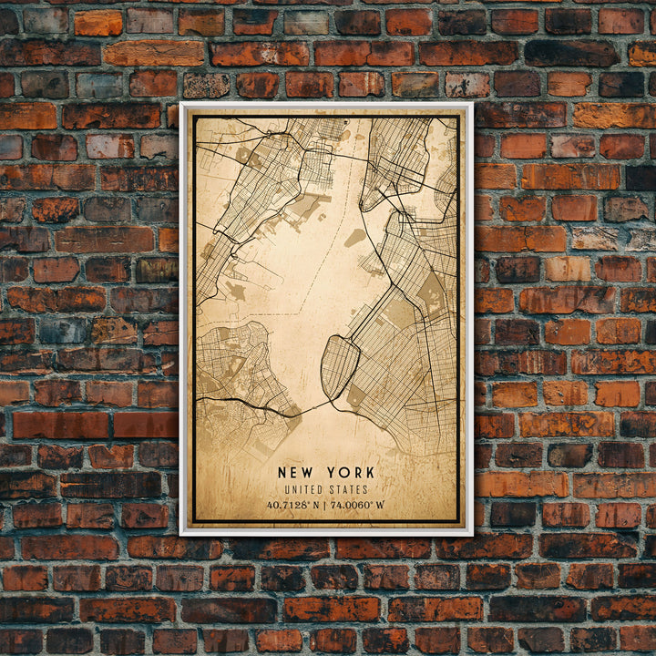 Old New York City Map Wall Art Canvas Print, Vintage Style New York City Map, Framed Wall Art, Cool NYC New York Wall Art, Office Decor