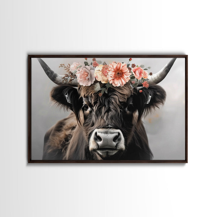 Framed Canvas Wall Art, Cute Cow Wearing Flowers, Farmhouse Decor, Farmhouse Wall At, Extra Large Boho Decor, Modern Art, Minimalist Rustic