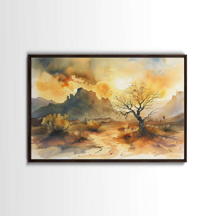 Large Wall Art Desert Print, Wood Framed Canvas Print, Original Artwork, Watercolor Landscape Painting, Minimalist Wall Art