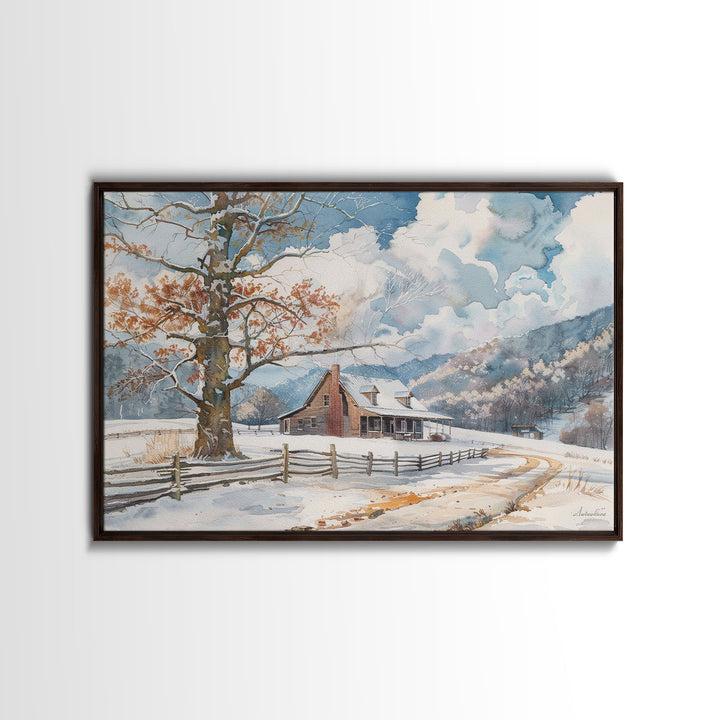 Painting Of A Farmhouse In The Winter, Cottagecore, Framed Canvas Print, Kitsch Home Decor, Western Country Art, Living Room Decor