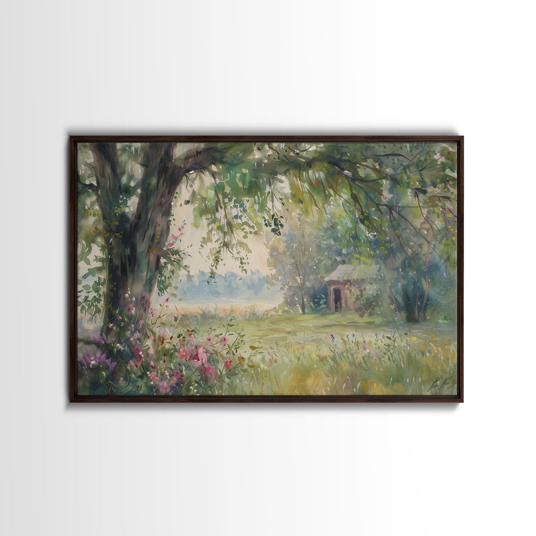 Painting Of An Old Farmhouse In The Spring, Framed Canvas Print, Watercolor Painting, Original Art, Living Room Art, Wall Art