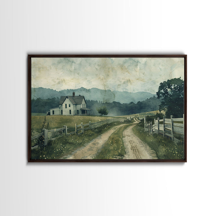 Old Country Road Wall Art Framed Canvas Print, Cottagecore Oil Painting, Kitsch Minimalist Wall Art, Farmhouse Wall Decor, Rustic Decor