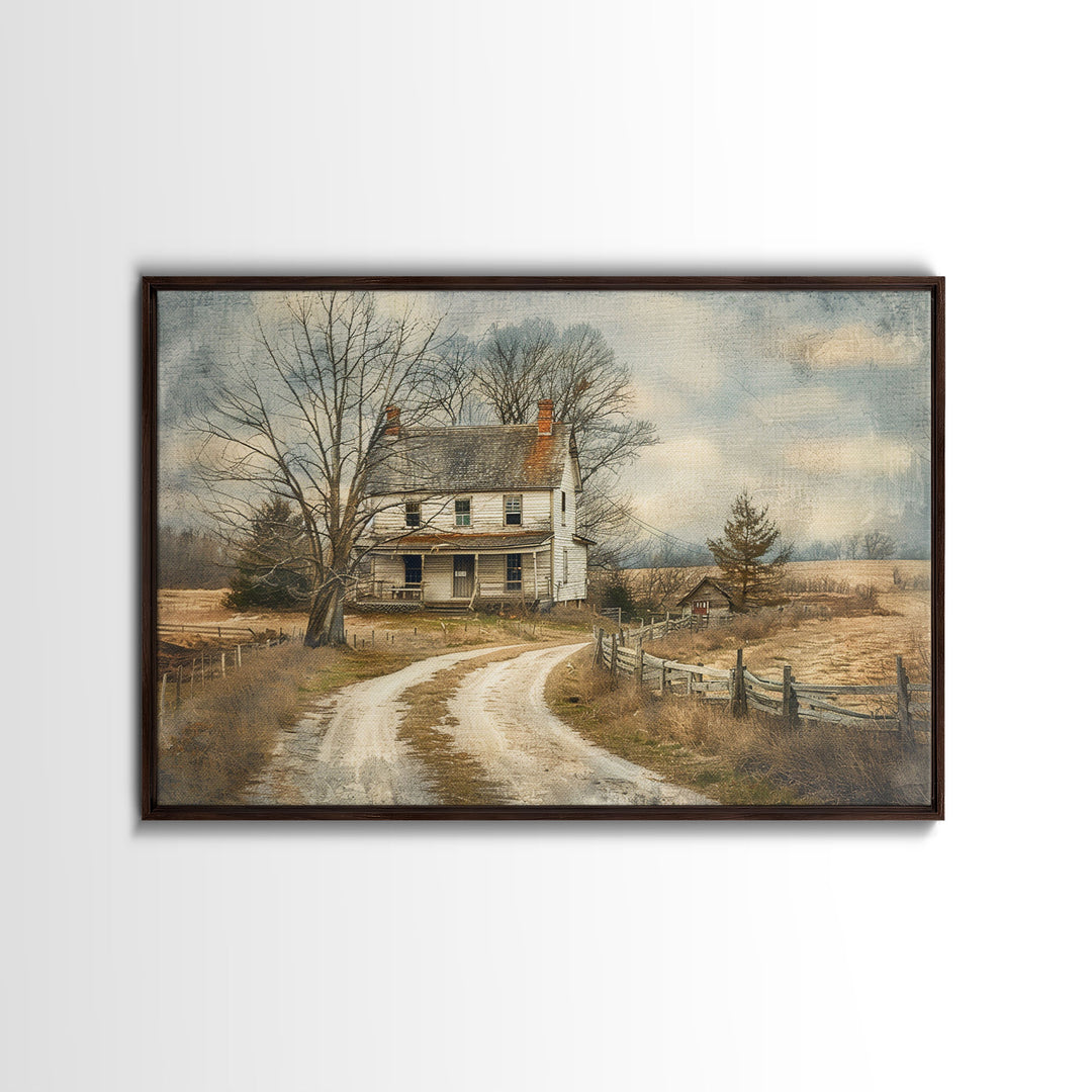 Old Country Roads Framed Wall Art Canvas Print, Water Color Painting Of A Rustic Cottage, Texas Decor, Southwest Wall Art