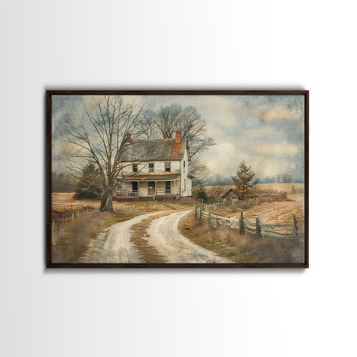 Old Country Roads Framed Wall Art Canvas Print, Water Color Painting Of A Rustic Cottage, Texas Decor, Southwest Wall Art