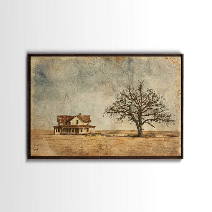 Little Farmhouse On A Texas Prairie Framed Canvas Print, Original Rustic minimalist Art, Wood Frame Rustic Home Decor