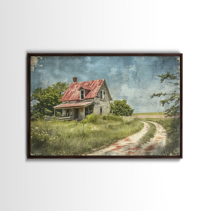 Watercolor Painting Of An Old Red Farmhouse, Framed Canvas Print, Wall Art Prints, Rustic Farmhouse Decor, Minimalist Art, Kitsch Decor