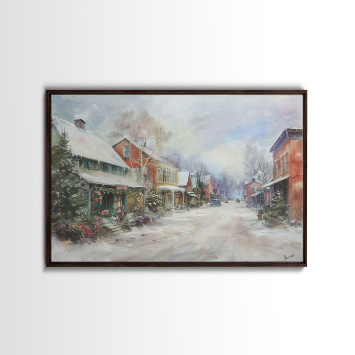 Small Town America At Christmas Time, Framed Canvas Print, Winter Scenary Wall Decor, Folk Art Framed Canvas, Metal Wall Art Living Room