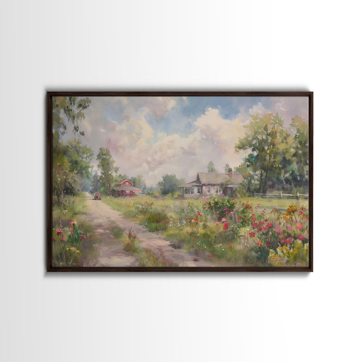 Kitsch Minimalist Watercolor Painting Print Of an Old Country Road, Wood Framed Print, Metal Wall Art, Room Decor, Aesthetic Room Decor