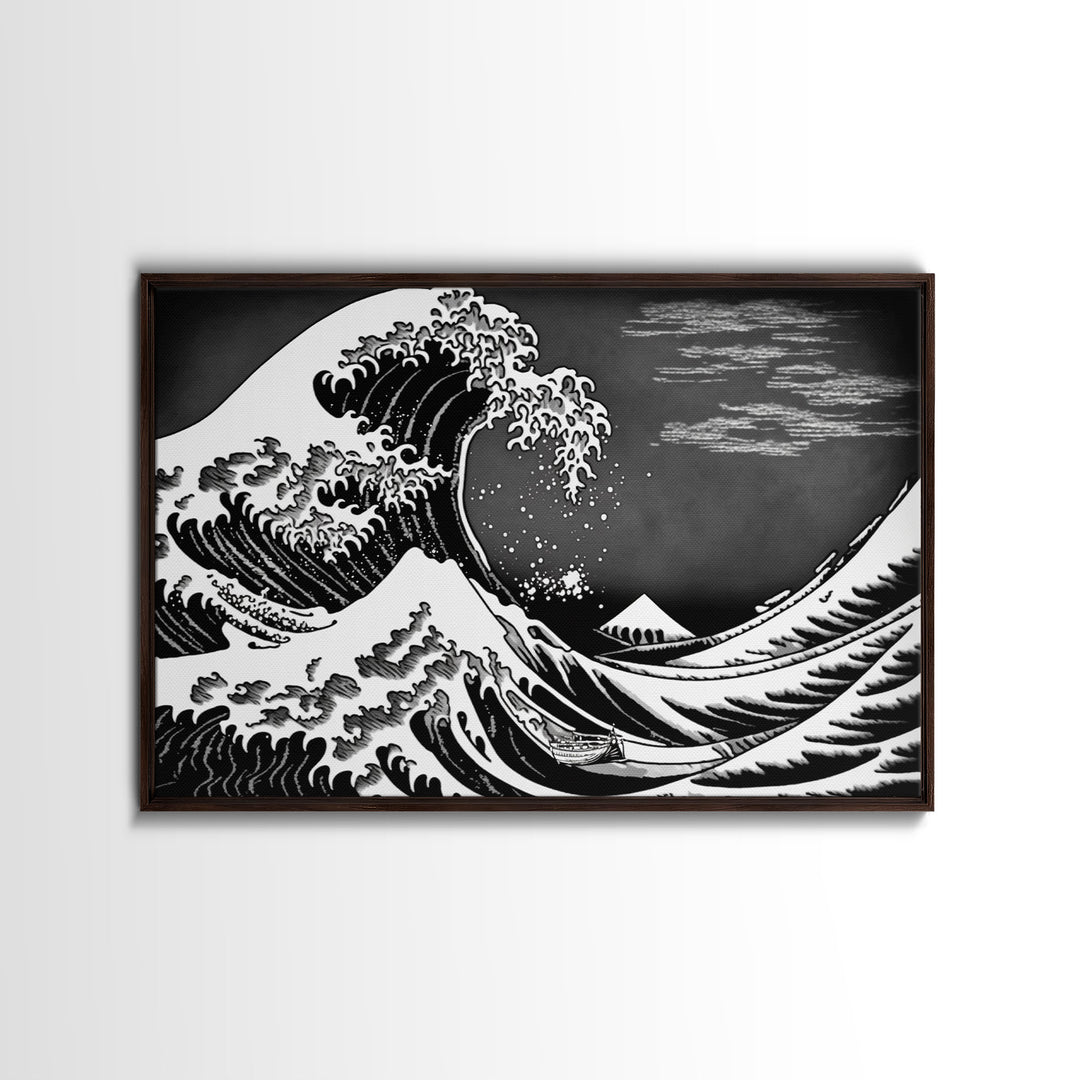 Black and White Wave Canvas Print, Hokusai Inspired Wall Art, Woodblock Print Style, Wall Art, Vintage Style Wall Art