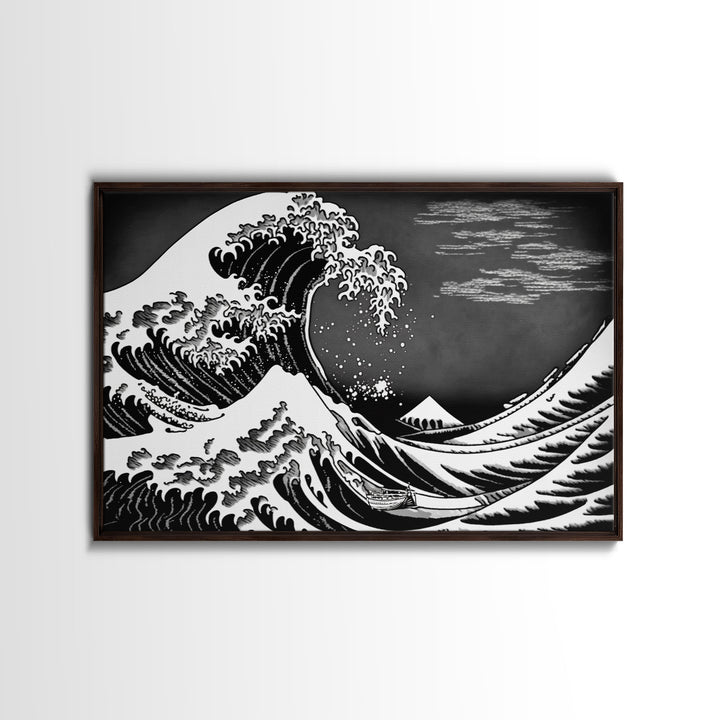 Black and White Wave Canvas Print, Hokusai Inspired Wall Art, Woodblock Print Style, Wall Art, Vintage Style Wall Art