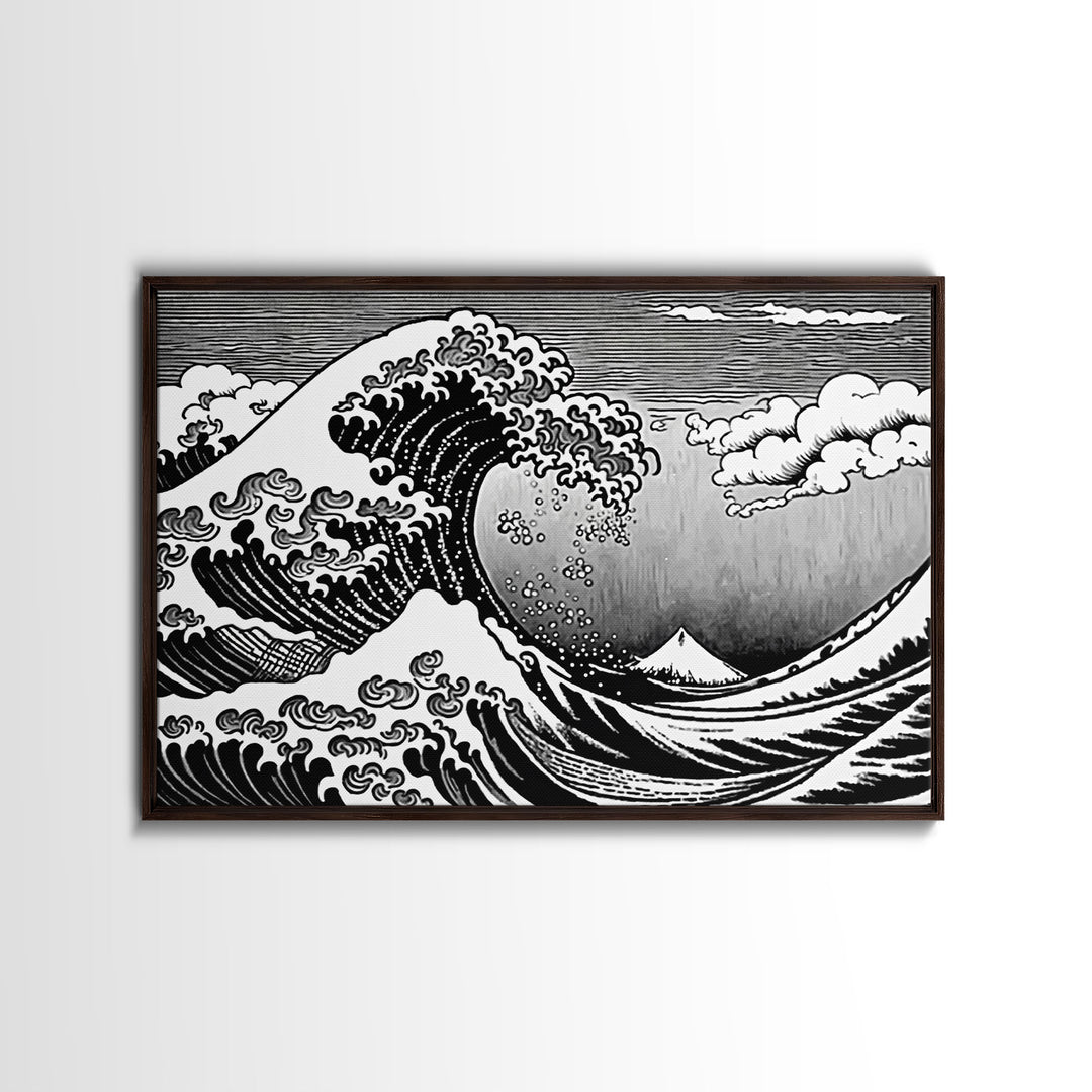 Black and White Wave Canvas Print, Hokusai Inspired Wall Art, Japanese Style Wall Art, Living Room Home Decor, Unique Wall Art