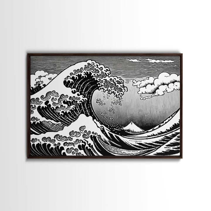 Black and White Wave Canvas Print, Hokusai Inspired Wall Art, Japanese Style Wall Art, Living Room Home Decor, Unique Wall Art
