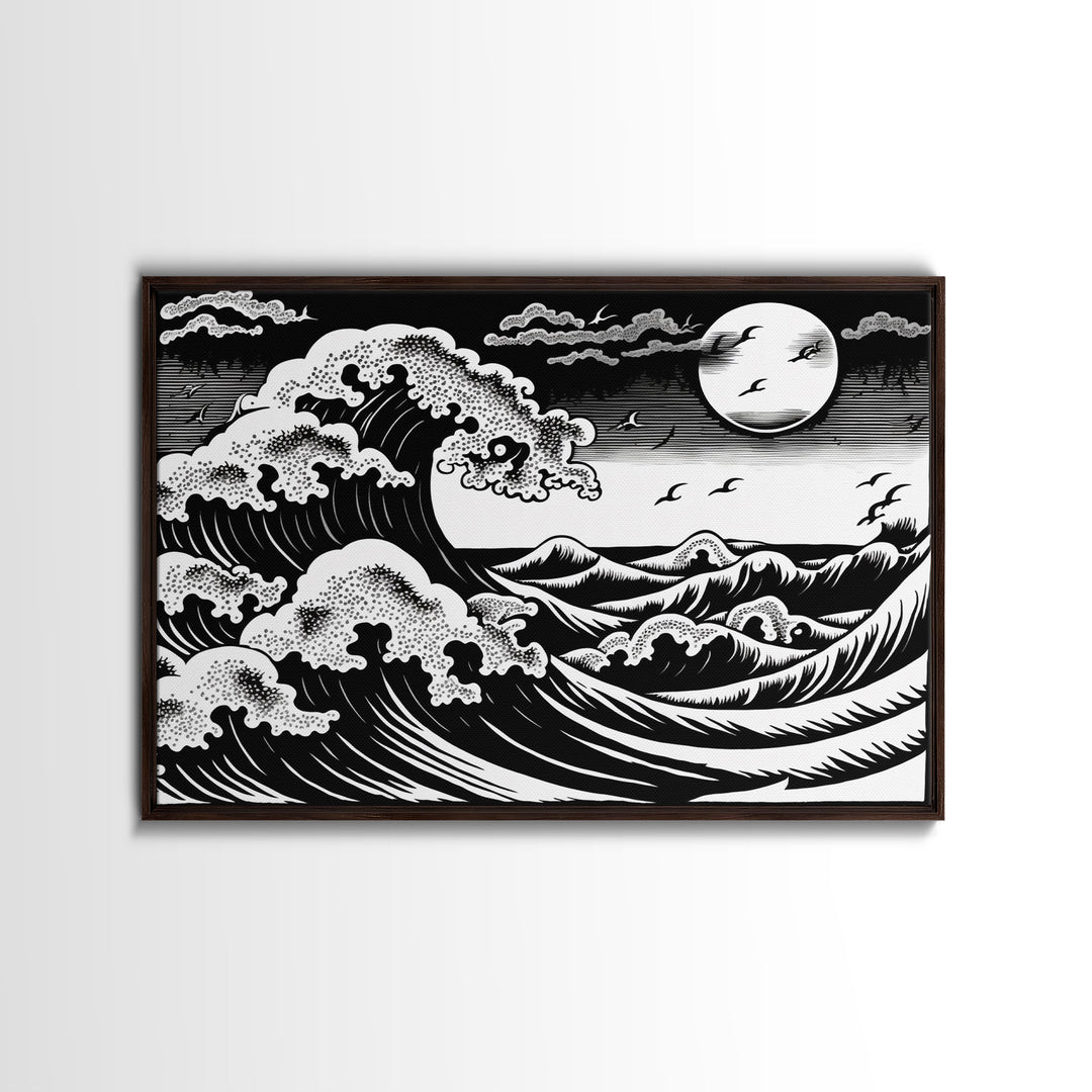 Black and White Wave Canvas Print, Hokusai Inspired Wall Art, Woodblock Print Style, Wall Art, Vintage Style Wall Art