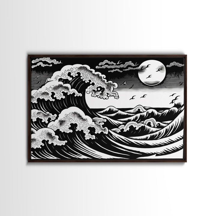 Black and White Wave Canvas Print, Hokusai Inspired Wall Art, Woodblock Print Style, Wall Art, Vintage Style Wall Art