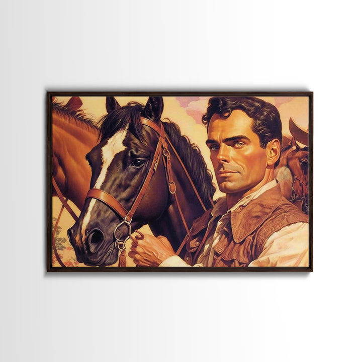 Vintage Cowboys Painting Print Horse Wall Art Canvas Hunting Southwest Sketch Drawing Poster Framed Antique Country Rustic Farmhouse Decor