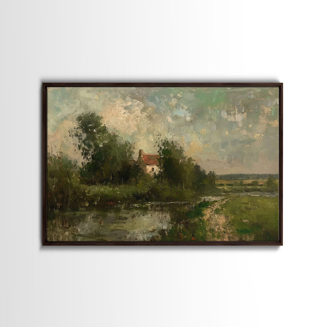 Slightly Scorched Vintage Landscape Painting Canvas Print - Farmhouse Painting - Wall Art - Large Print