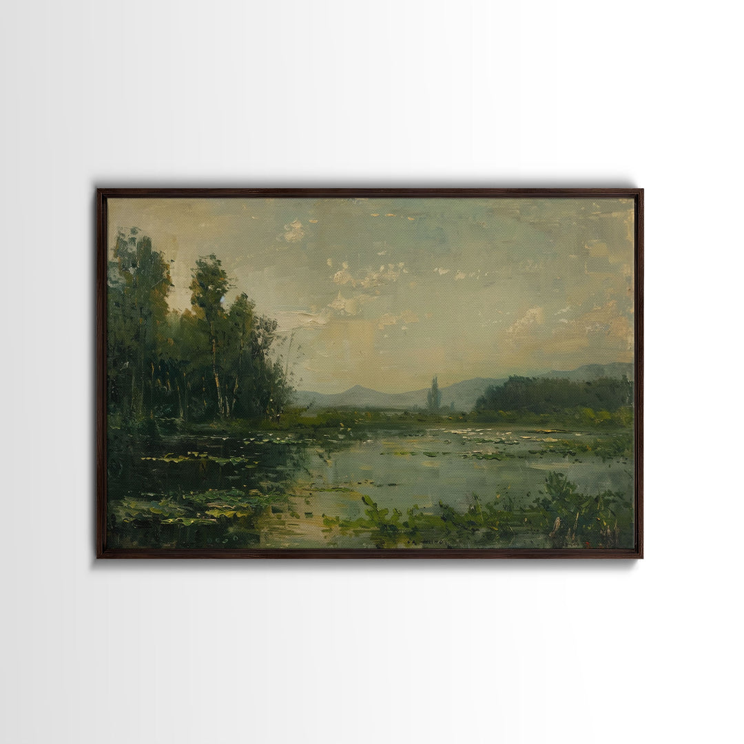 Dutch Landscape With Lake Framed Canvas Print Oil Painting, Wood Frame Wall Art, Cottage Core, Farmhouse Decor, Living Room Art