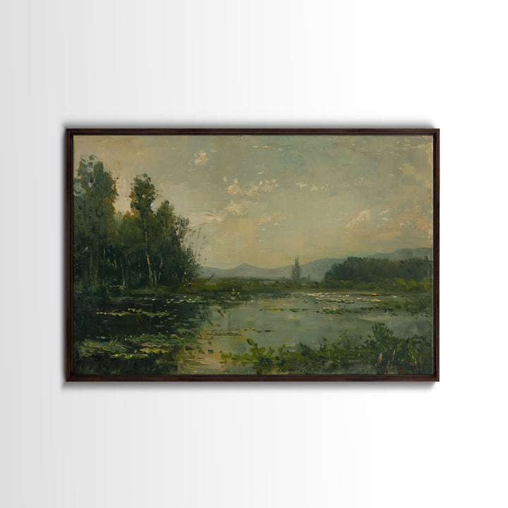 Dutch Landscape With Lake Framed Canvas Print Oil Painting, Wood Frame Wall Art, Cottage Core, Farmhouse Decor, Living Room Art